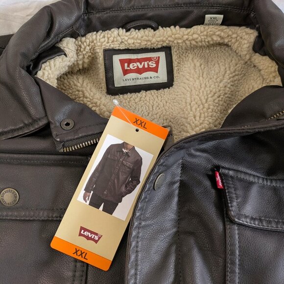 Levi's Men's Faux Leather Sherpa Lined Jacket XXL Dark Brown - Picture 6 of 11